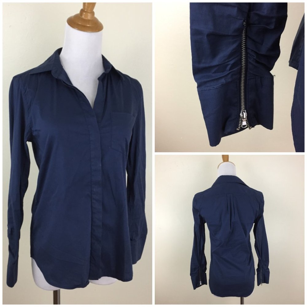 BCBGMAXAZRIA Dark Blue/Navy Kattiane Zip Sleeve Long Sleeve Hidden Button Shirt